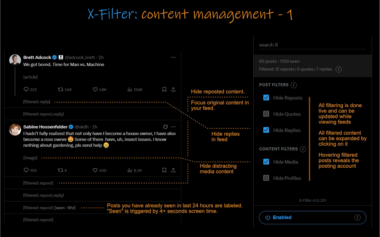 X-Filter content management showing hidden reposts, replies, and media