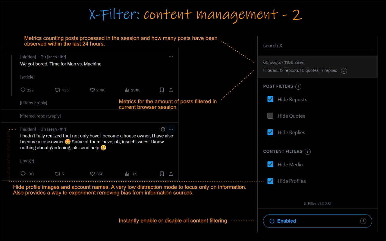 X-Filter showing filter metrics and profile hiding feature