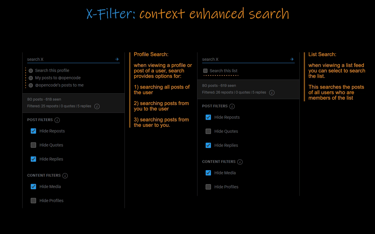 X-Filter context-enhanced search showing profile and list search options