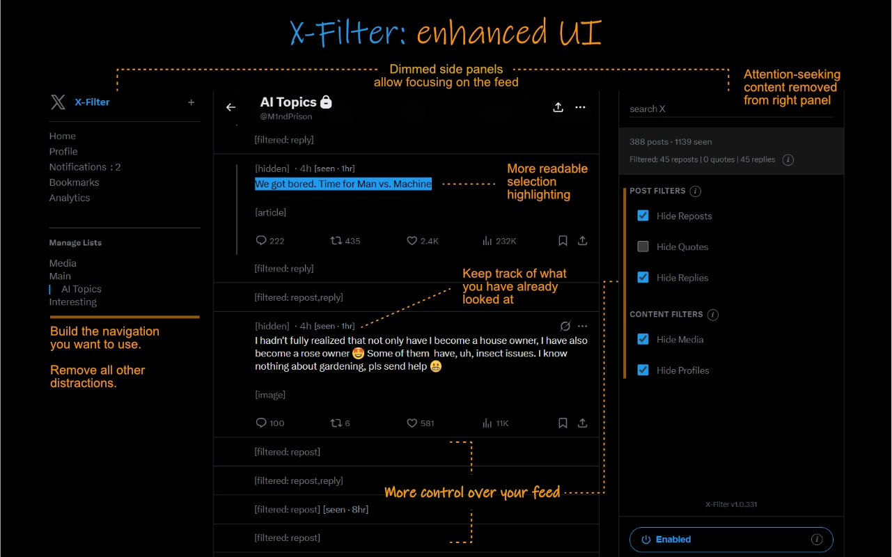 X-Filter enhanced UI showing dimmed side panels, selection highlighting, and filter controls